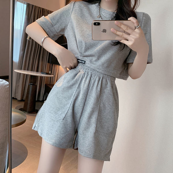Casual Sports Short Sleeve Top Side Zip Shorts Set
