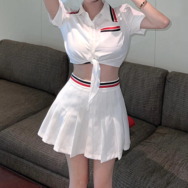 Lace-Up Short-Sleeved Shirt Pleated Skirt Set