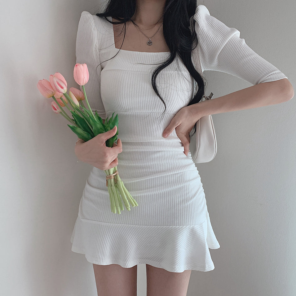 Square Neck Clavicle Slim Fit Puff Sleeve Short Dress