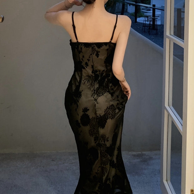 Black Lace Flowers Prom Long Cami Cocktail Dress