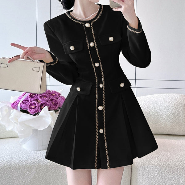Single-Breasted Crew-Neck Long-Sleeve Pleated Dress