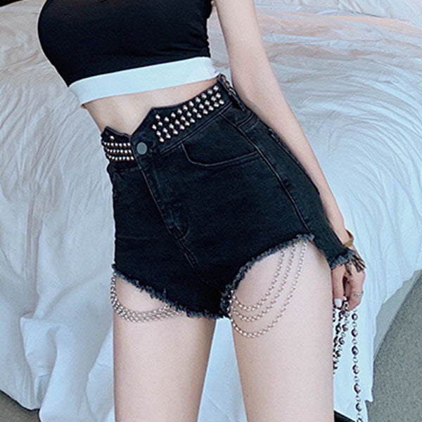 Studded Chain Frayed High-Waisted Jeans Shorts