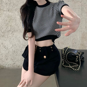 Plaid Short Sleeve T-Shirt Black Belt Skirt Suit