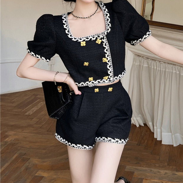 Double breasted tweed top high waist shorts set
