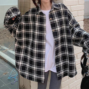 Plaid loose long sleeve polo collar shirt top