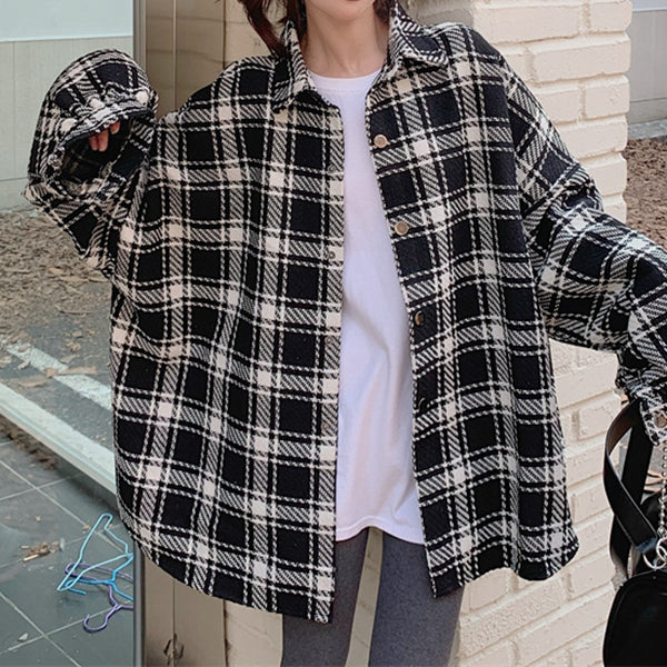 Plaid loose long sleeve polo collar shirt top