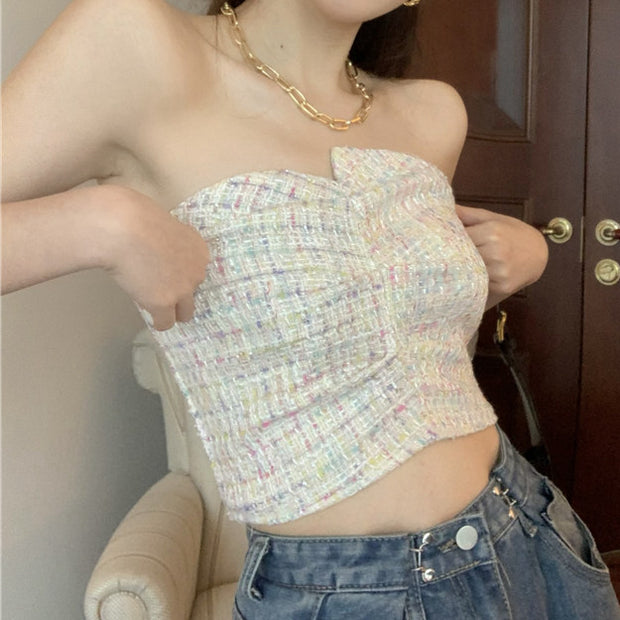 Check Pleated Tube Top Strapless Tank Top