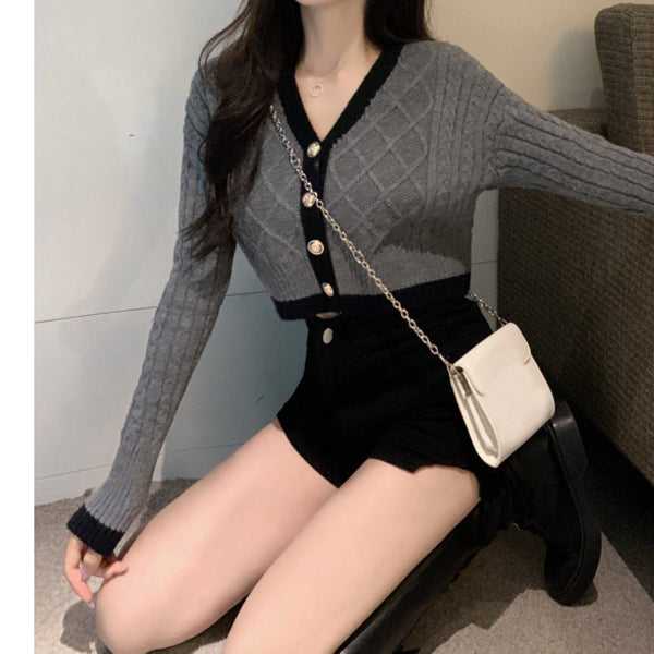 Vintage v-neck single-breasted knit short cardigan