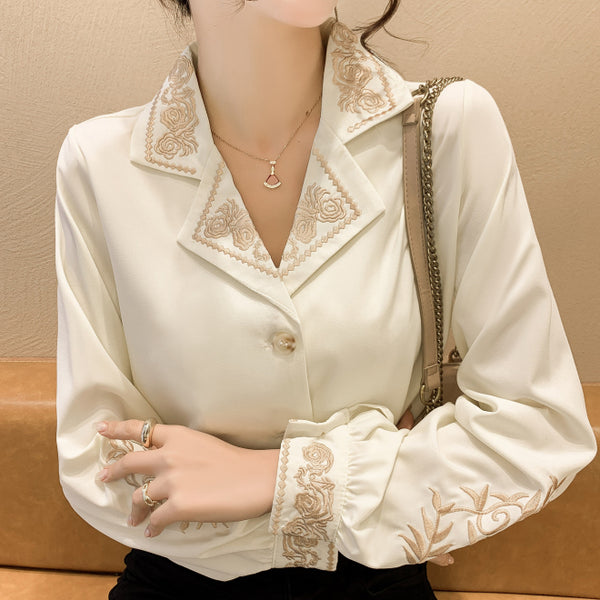 Embroidered Suit Collar Long Sleeve Chiffon Shirt Top