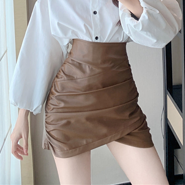 Folded irregular high waist a-line short leather skirt