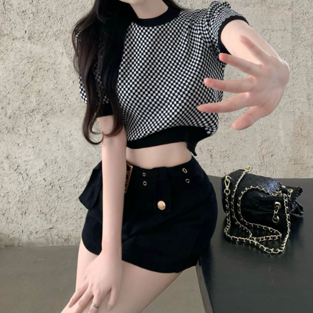 Plaid Short Sleeve T-Shirt Black Belt Skirt Suit