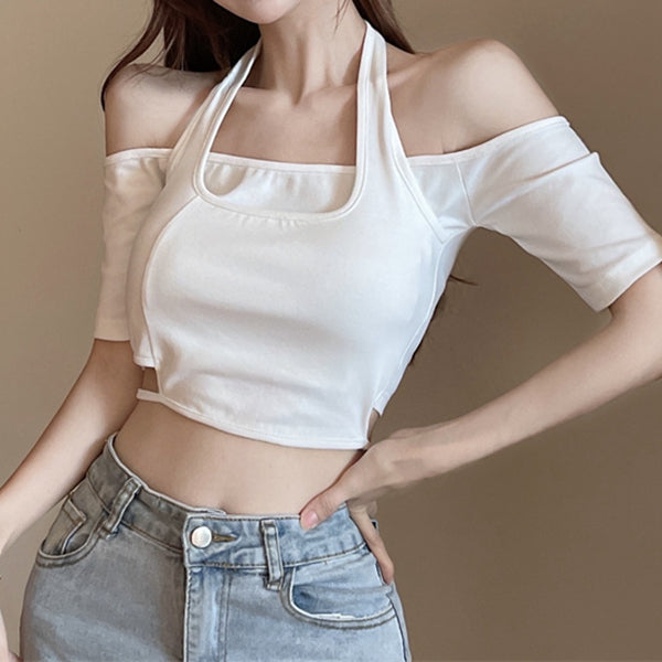 Short Sleeve Fake Two Piece Halter T-Shirt Top