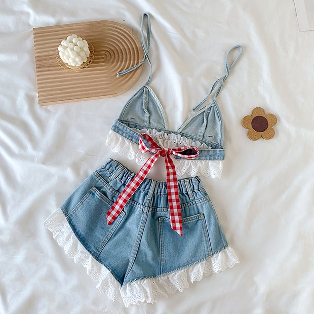 Lace-trimmed denim top elasticated waist shorts set
