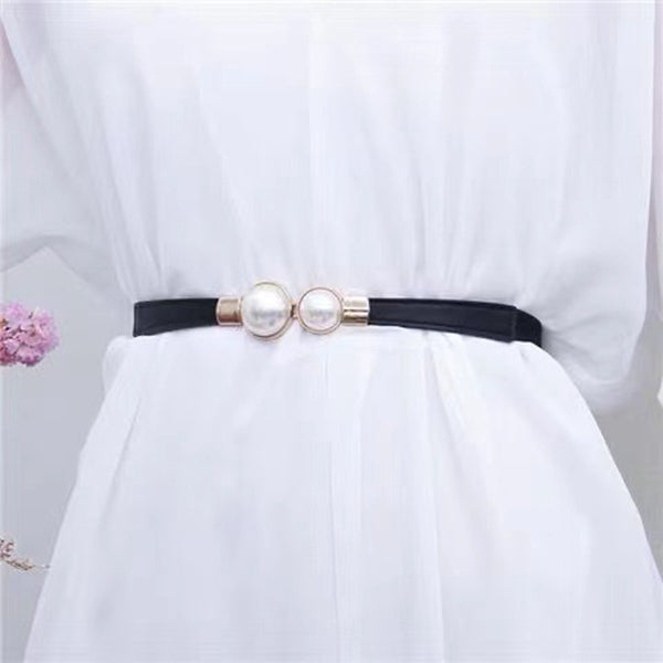 Pearl Button Elastic Sweater Dress Thin Belt