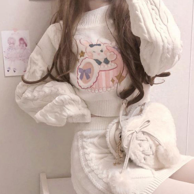 Twist Long Sleeve Rabbit Sweater Knit Skirt Set