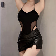 Mesh chain backless bodysuit leather skirt suit