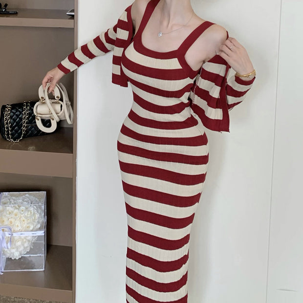 Striped Waist Long Cami Dress Knitted Cardigan Set