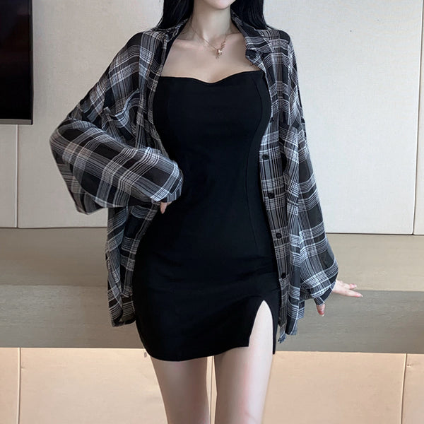 Black Slim Cami Dress Plaid Shirt Set