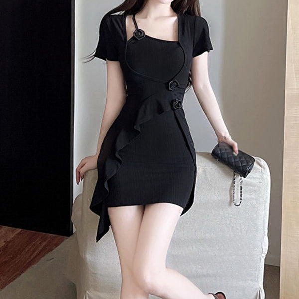 Black Rose Short Sleeve Irregular Bodycon Dress