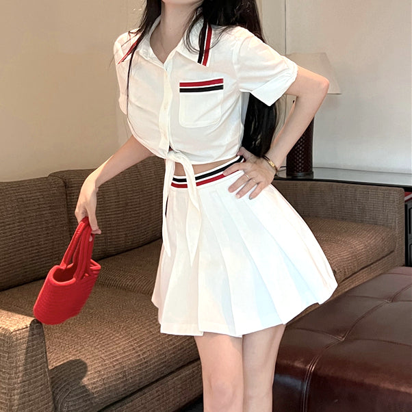 Striped Button-Down Shirt & Pleated Mini Skirt Set
