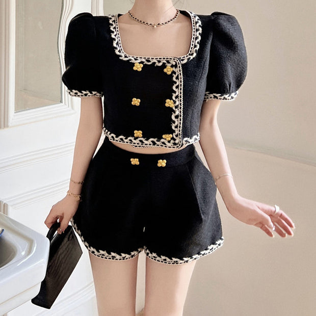 Double breasted tweed top high waist shorts set