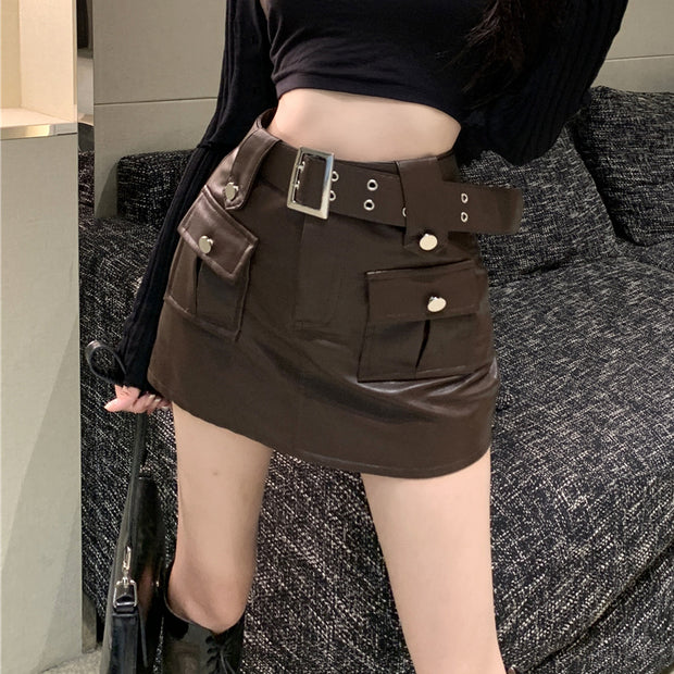 Metal buckle belt high waist pocket a-line leather skirt
