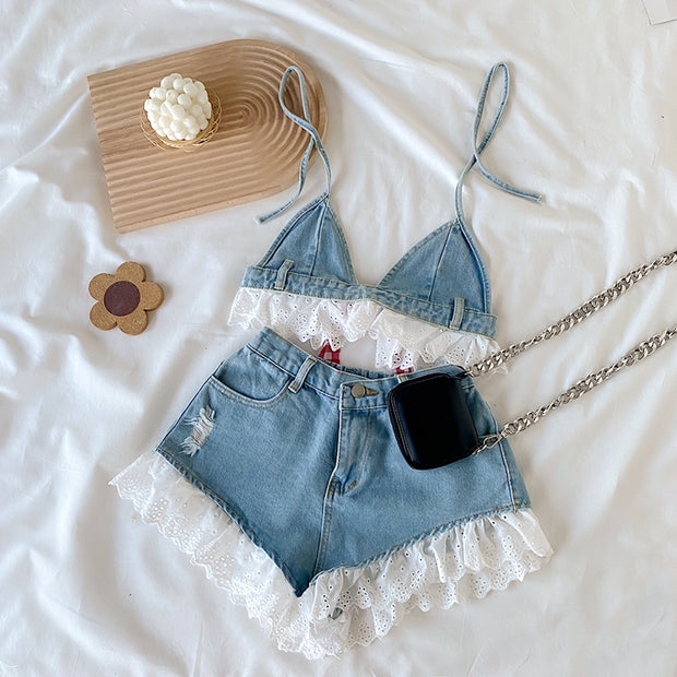 Lace-trimmed denim top elasticated waist shorts set
