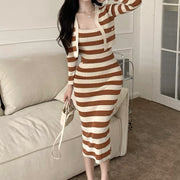 Striped Waist Long Cami Dress Knitted Cardigan Set