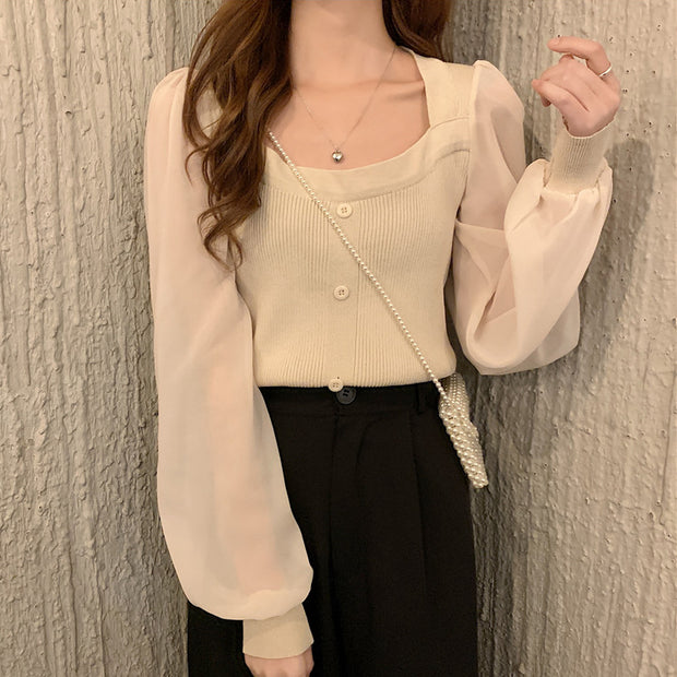 Square neck top clavicle panel knit shirt