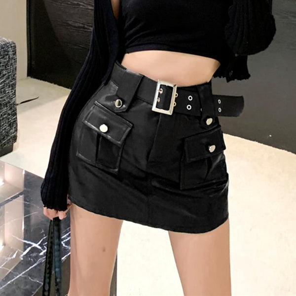 Metal buckle belt high waist pocket a-line leather skirt
