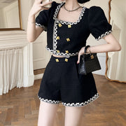Double breasted tweed top high waist shorts set