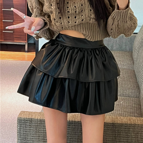 Ruffled Puffy Solid Color High Waist Short Leather Skirt