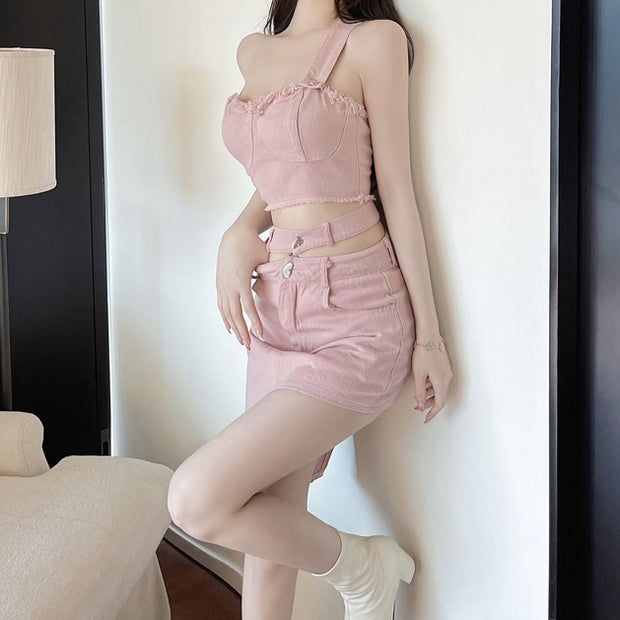 One-shoulder camisole irregular high-waist skirt set