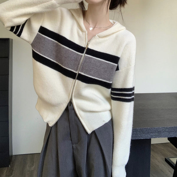 Striped Double Zip Hooded Casual Knit Cardigan