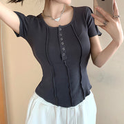 Stretch Skinny Square Neck Button Short Sleeve T-Shirt