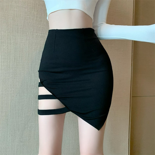 Hollow out irregular high waist slim black skirt