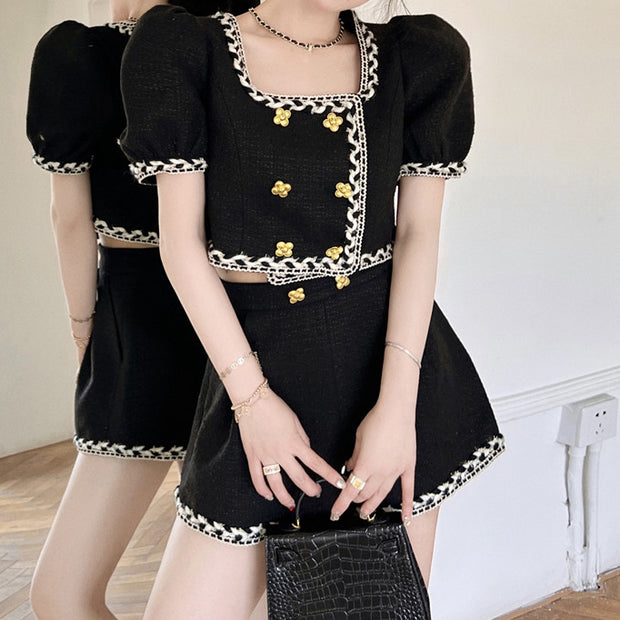 Double breasted tweed top high waist shorts set