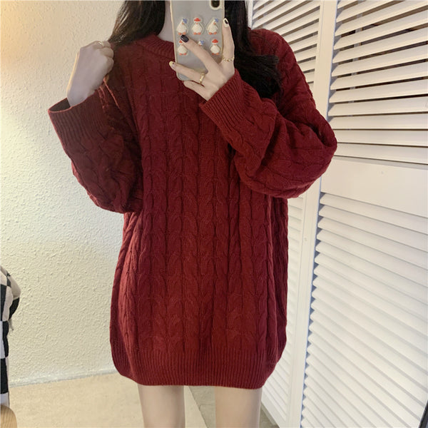 Red Twist Round Neck Loose Knit Sweater Top