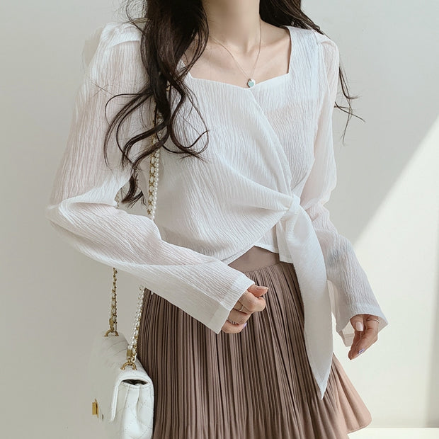Square neck chiffon clavicle cropped shirt