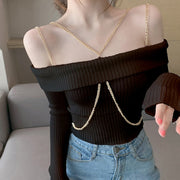 Off-shoulder chain stretch fit knit sweater top