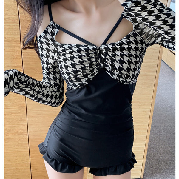 Houndstooth Backless Skirt One-Piece Swimsuit