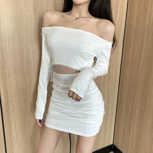 Fringed Open-Waist Off-The-Shoulder Bodycon Dress