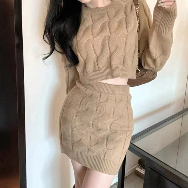Solid Color Long Sleeve Top Knitted Short Skirt Set