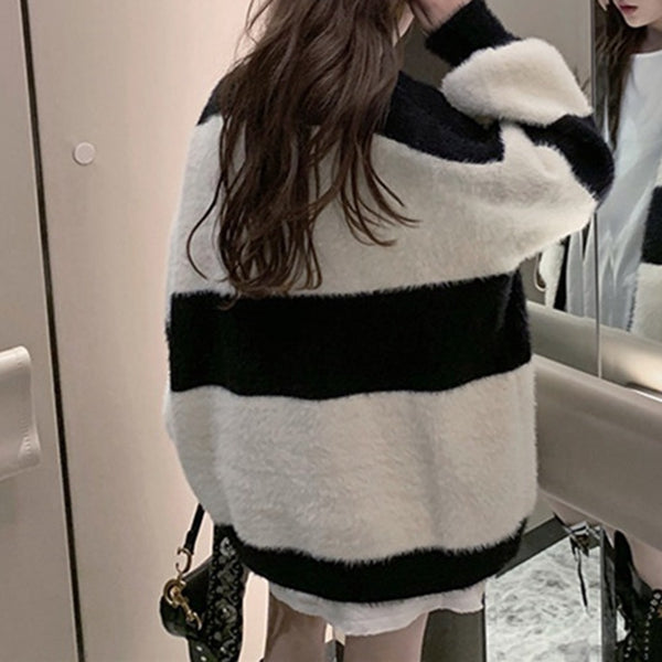 Long sleeve striped colorblock knit sweater cardigan winter clothes