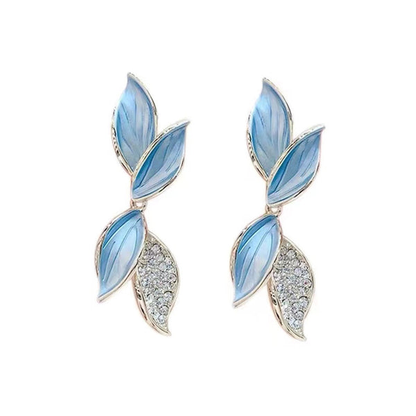 Leaf Rhinestone Silver Post Fashion Earrings