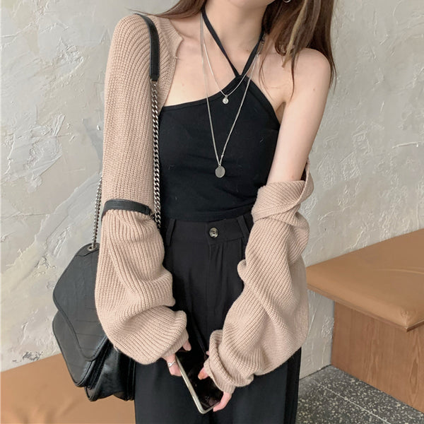 Solid Color V-Neck Long-Sleeved Knitted Cardigan Top