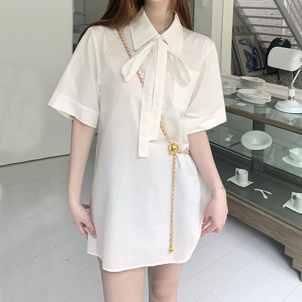White Short Sleeve Tie Shirt Casual Dress