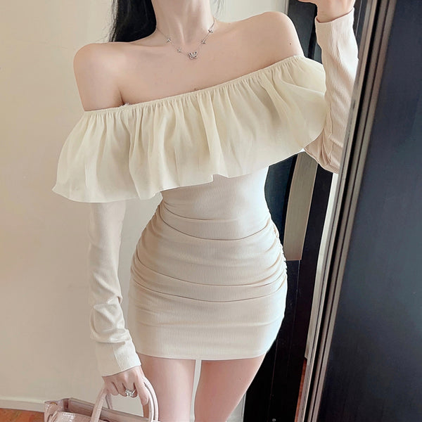 Off-The-Shoulder Solid Color Stretch Dress