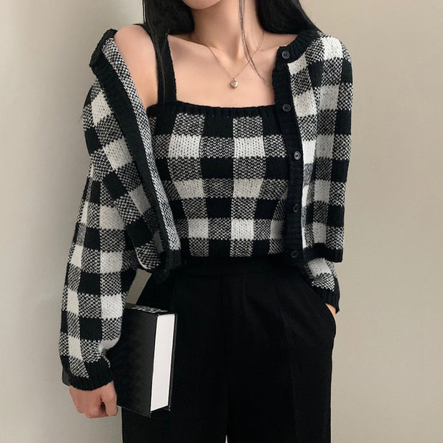 Plaid Sweater Cardigan Set Knit Cami Cropped Coat