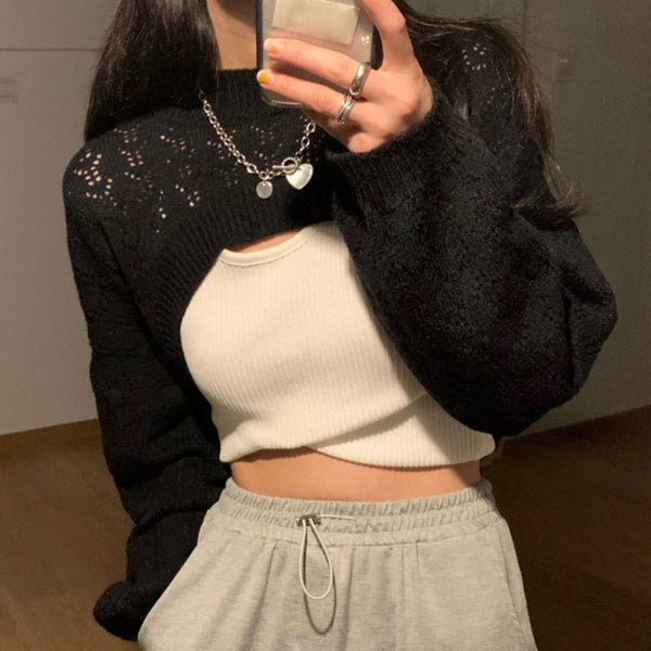 Hollow Long-Sleeved Sweater Top Short Blouse